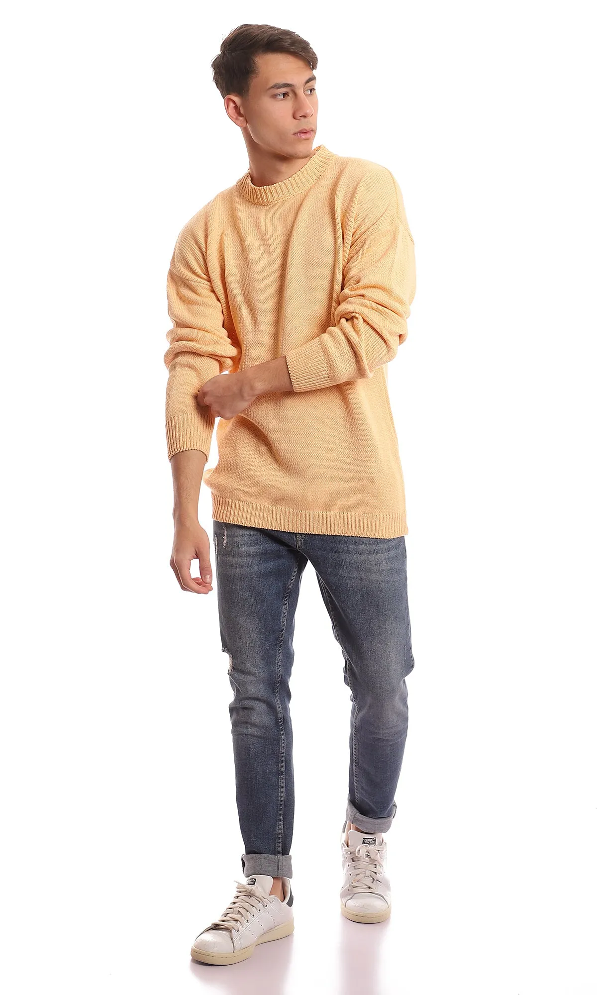 98068 Chunky Knit Mock Neck Light Mango Pullover