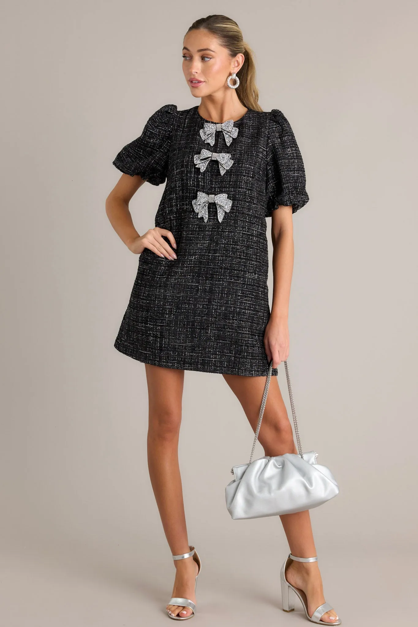 Alter Ego Black Tweed Puff Sleeve Mini Dress