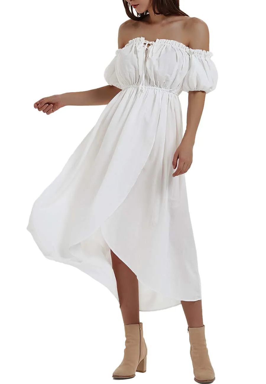 Anna-Kaci Women White Summer Fall Renaissance Dresses Casual Boho Lantern Sleeve Off Shoulder Fairy Long Dress