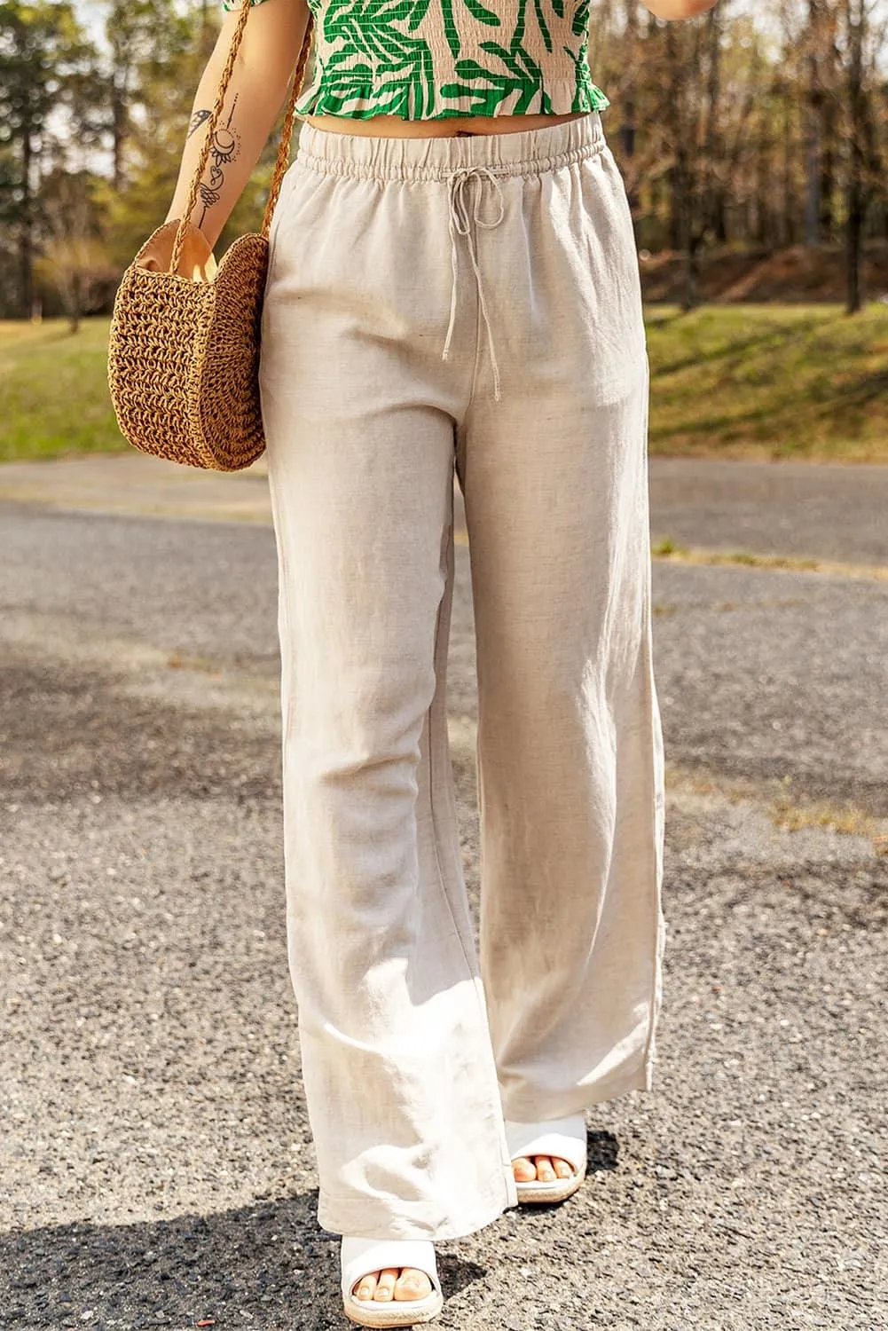 Apricot Linen Elastic Drawstring Waist Loose Pants