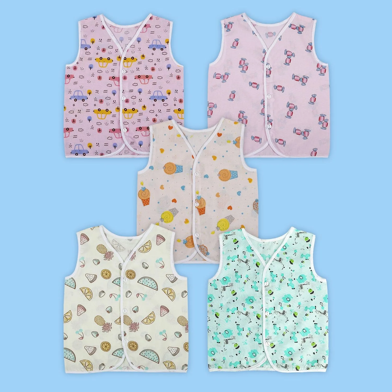 Baby Moo Sugar Rush Multi Print V-Neck Sleeveless Front Opening Button Cotton Jhablas 5 Pcs - Pink, Multicolour