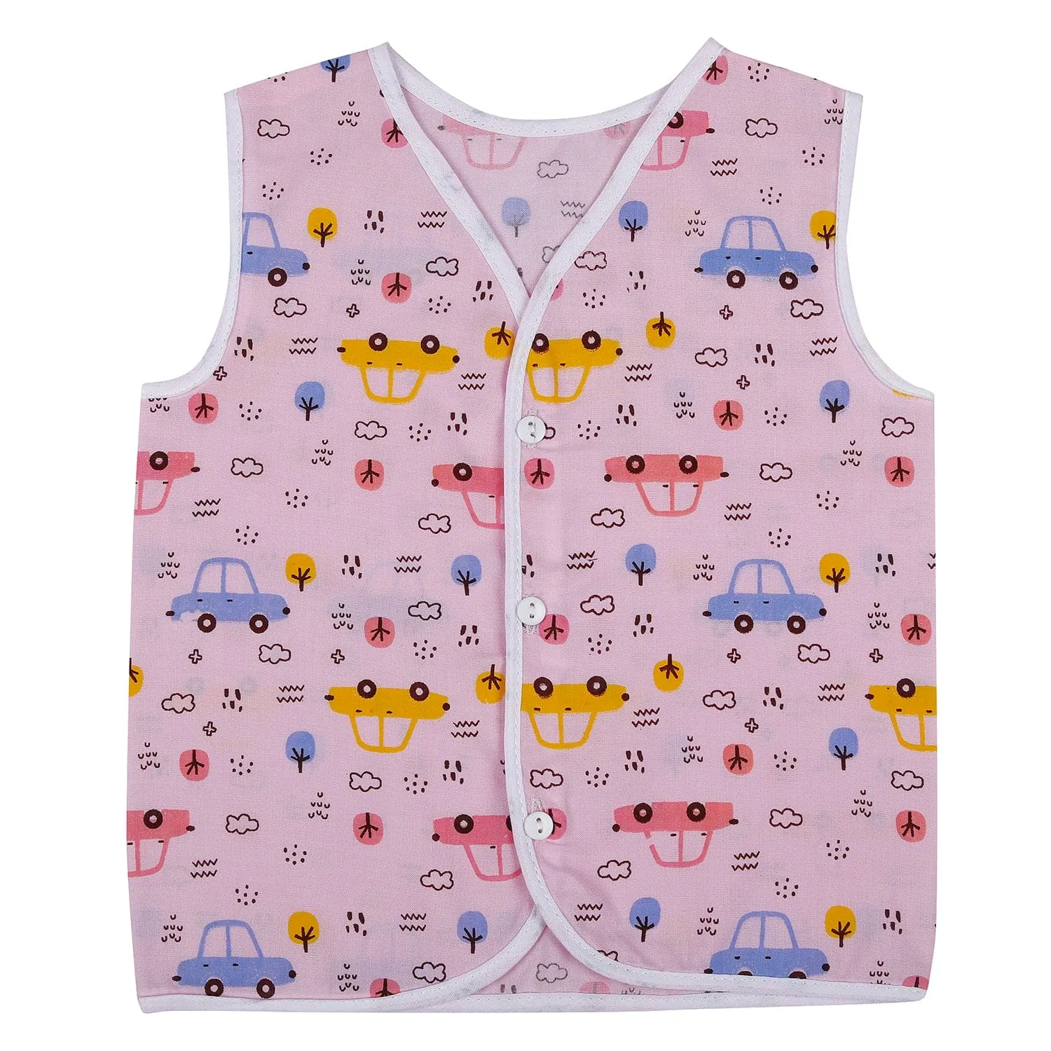 Baby Moo Sugar Rush Multi Print V-Neck Sleeveless Front Opening Button Cotton Jhablas 5 Pcs - Pink, Multicolour