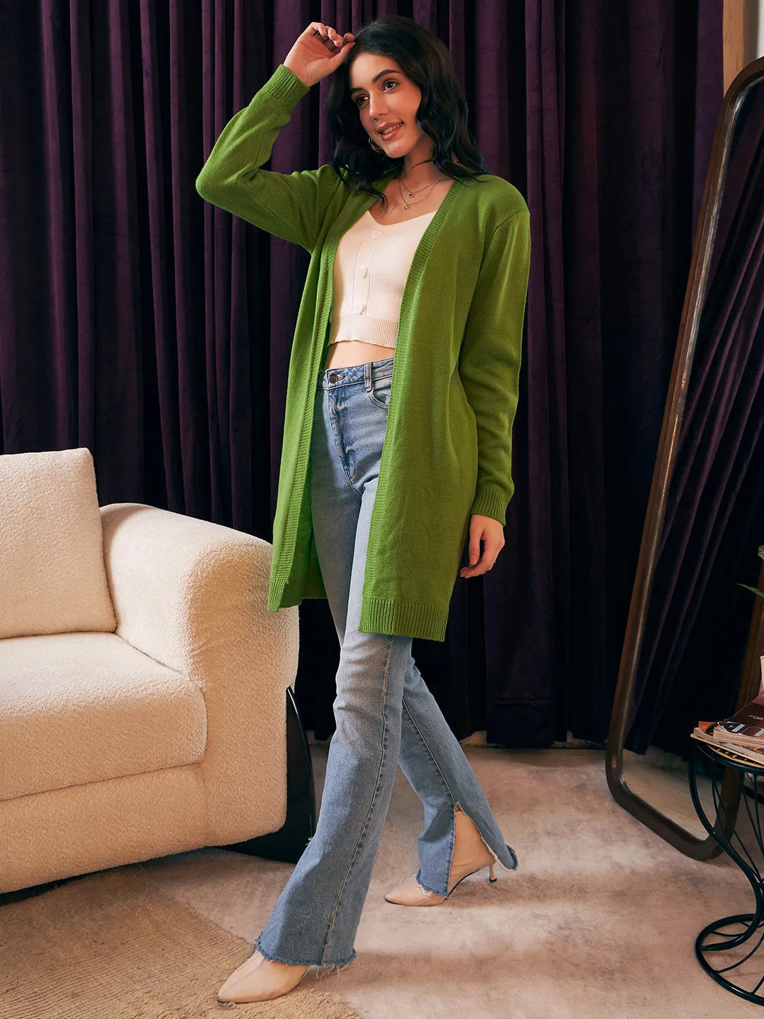 Berrylush Women Solid Green Open-Front Neck Drop-Shoulder Sleeves Ribbed Hem Longline Cardigan