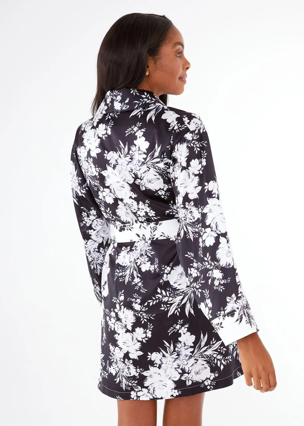 Bridget Robe Short Black and White Rose Chintz Satin