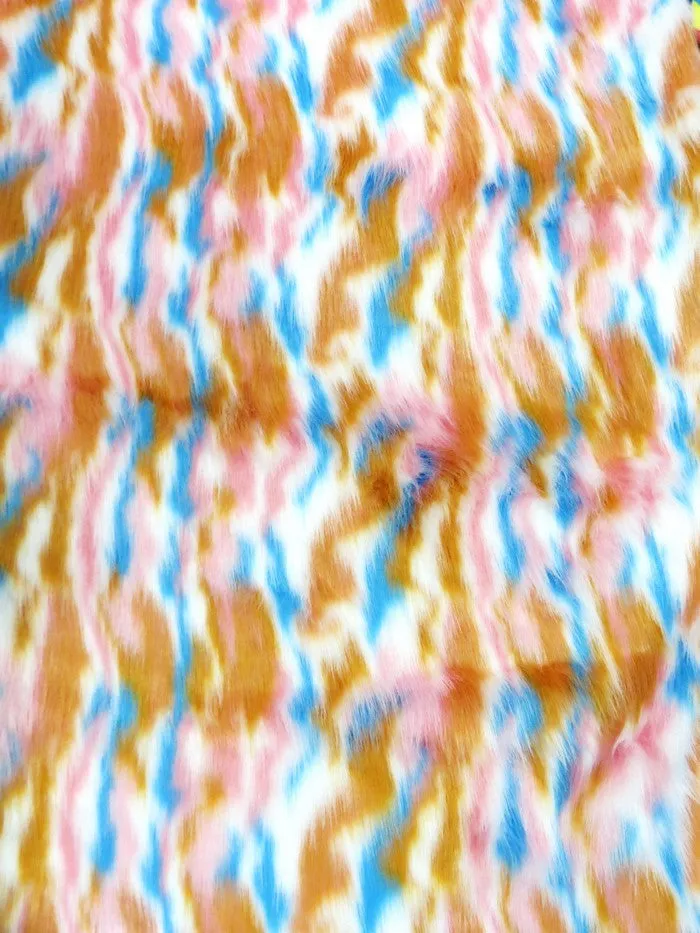 Chestnut, Pink, Turquoise Sunset Multi-Color Faux Fur Fabric /  Sold by the Yard