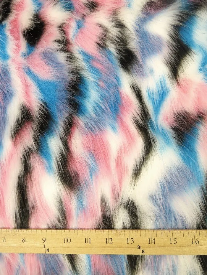 Chestnut, Pink, Turquoise Sunset Multi-Color Faux Fur Fabric /  Sold by the Yard