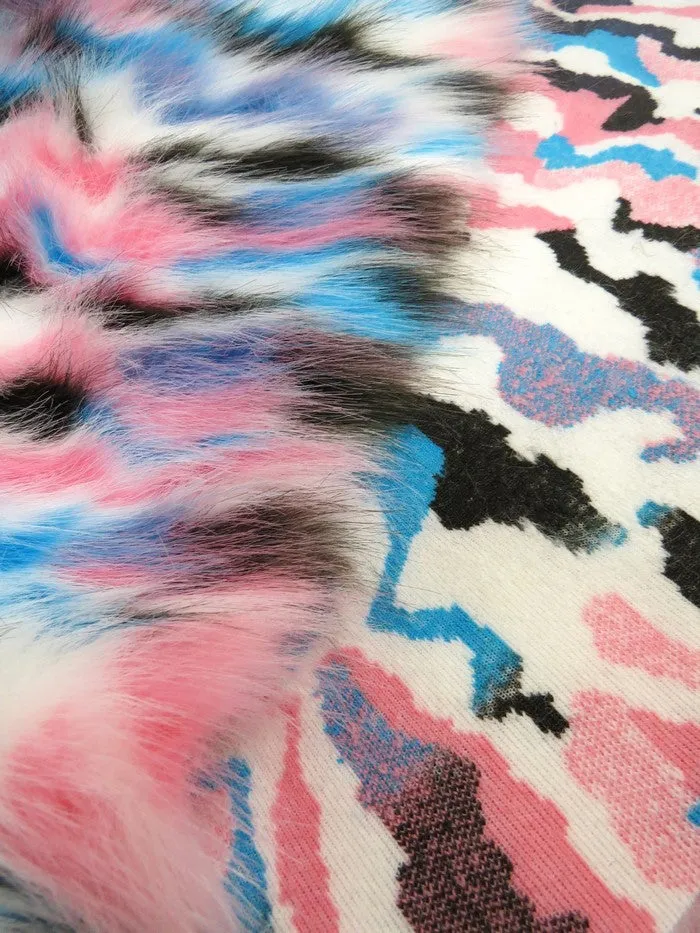 Chestnut, Pink, Turquoise Sunset Multi-Color Faux Fur Fabric /  Sold by the Yard