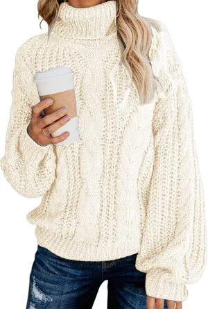 Chic Ballon Sleeve Winter Turtleneck Chunky Sweater Slouchy Oversized Loose Pullover Outerwear Warm Thick