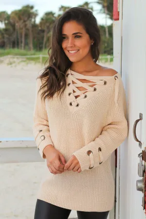 Cream Knit Lace Up Sweater