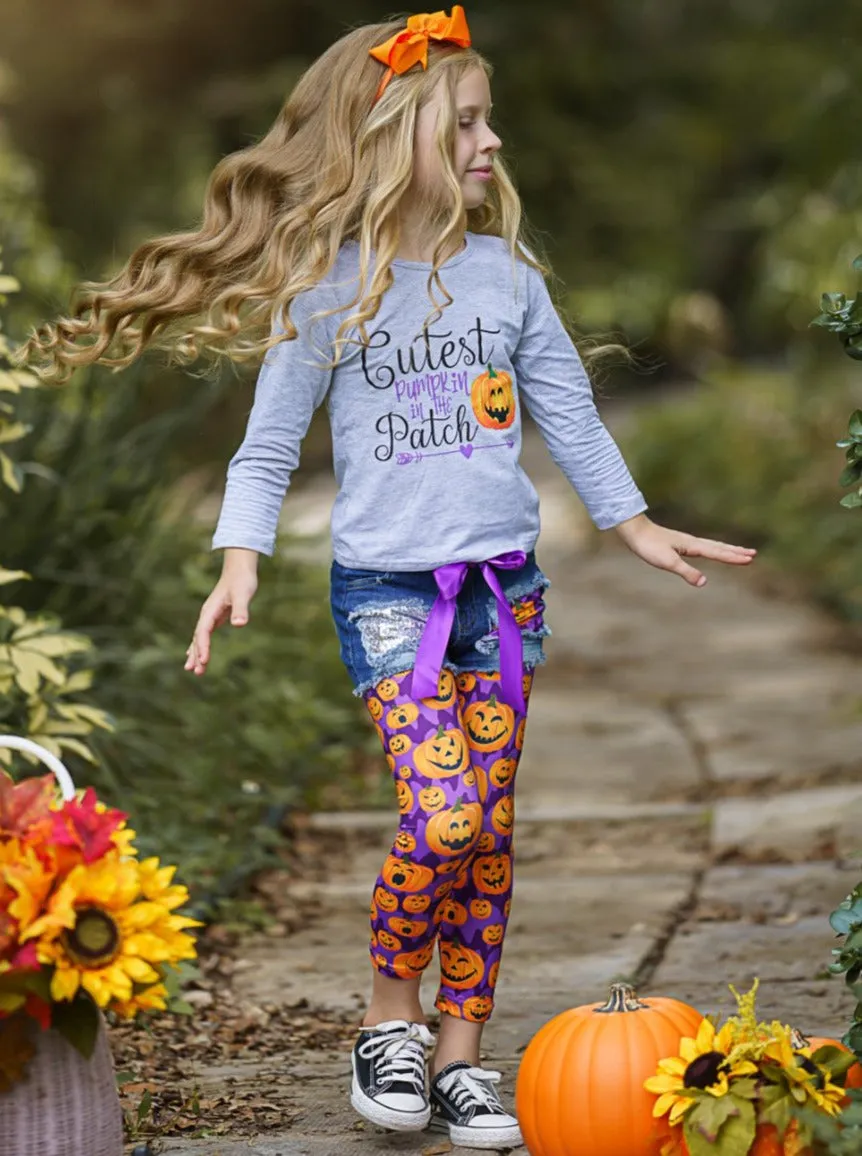 Cutest Pumpkin Patched Denim Shorts and Legging Set