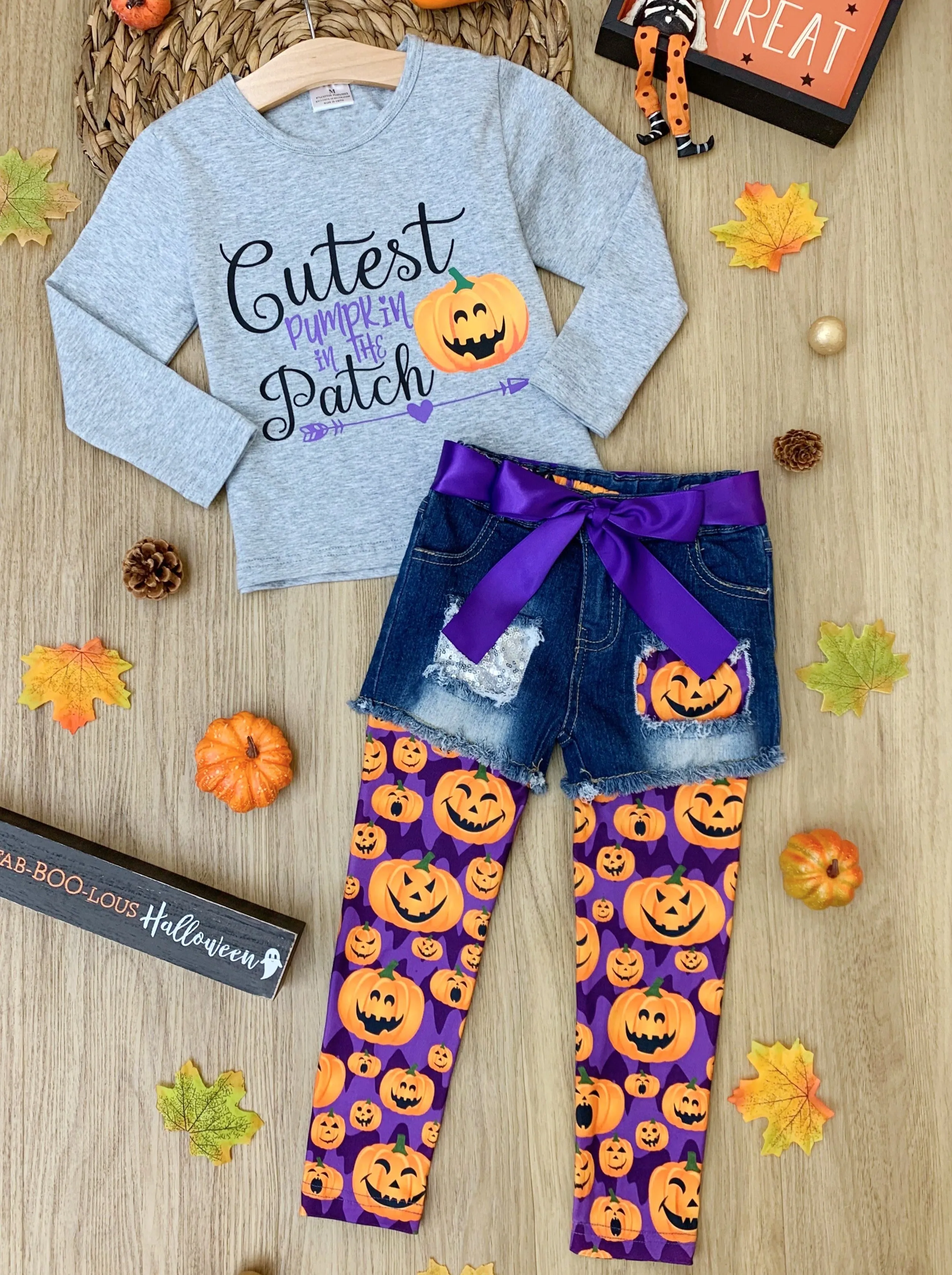 Cutest Pumpkin Patched Denim Shorts and Legging Set