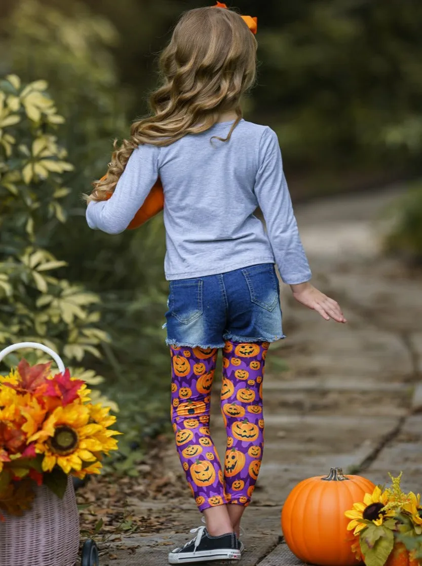 Cutest Pumpkin Patched Denim Shorts and Legging Set