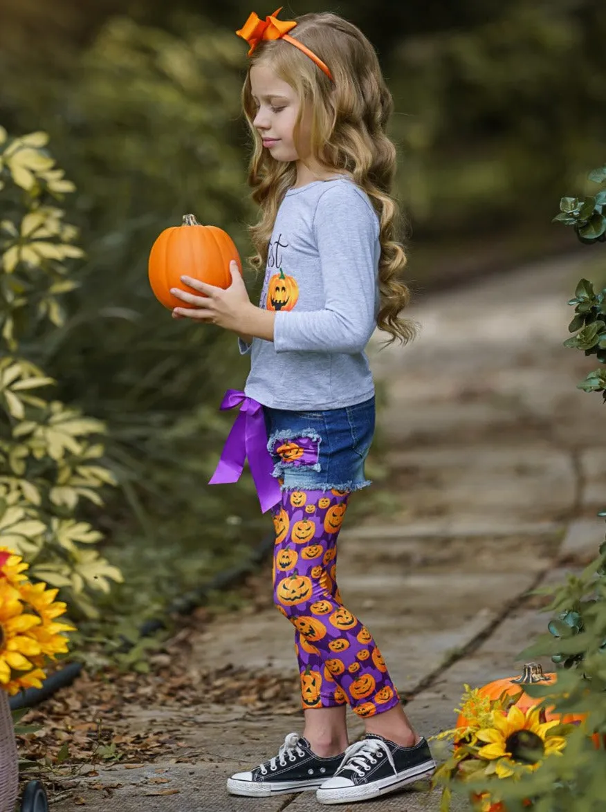 Cutest Pumpkin Patched Denim Shorts and Legging Set