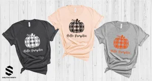 Hello Pumpkin Plaid Pumpkin Super Soft Cotton Comfy Fall T-Shirt