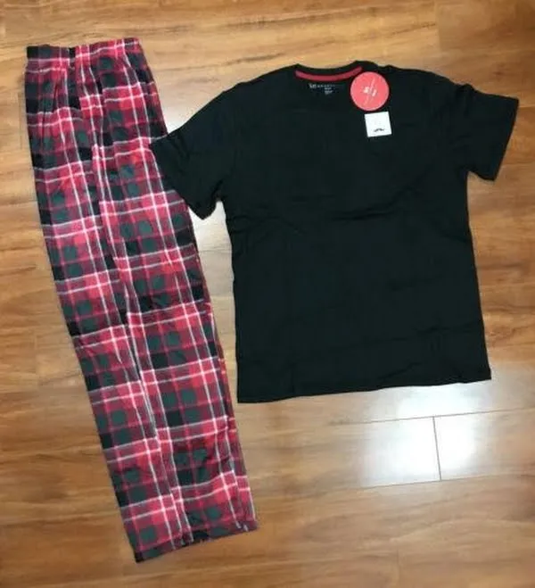 Karen Neuburger Mens Mens Buffalo Plaid Fleece Tee, Pajama Bottoms, Size Medium