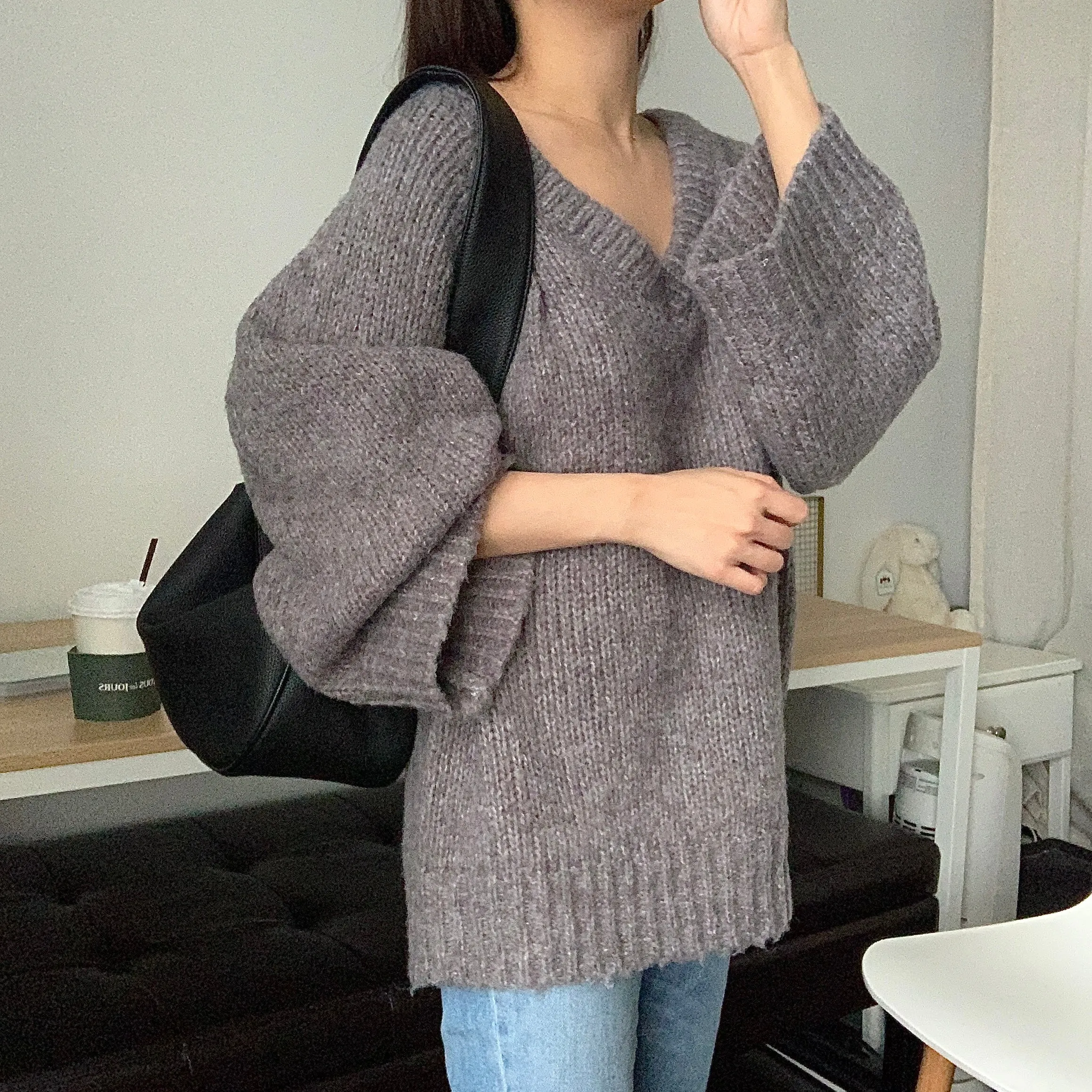 [Korean Style] Karra Loose Fit Rib Knit V neck Chunky Sweater