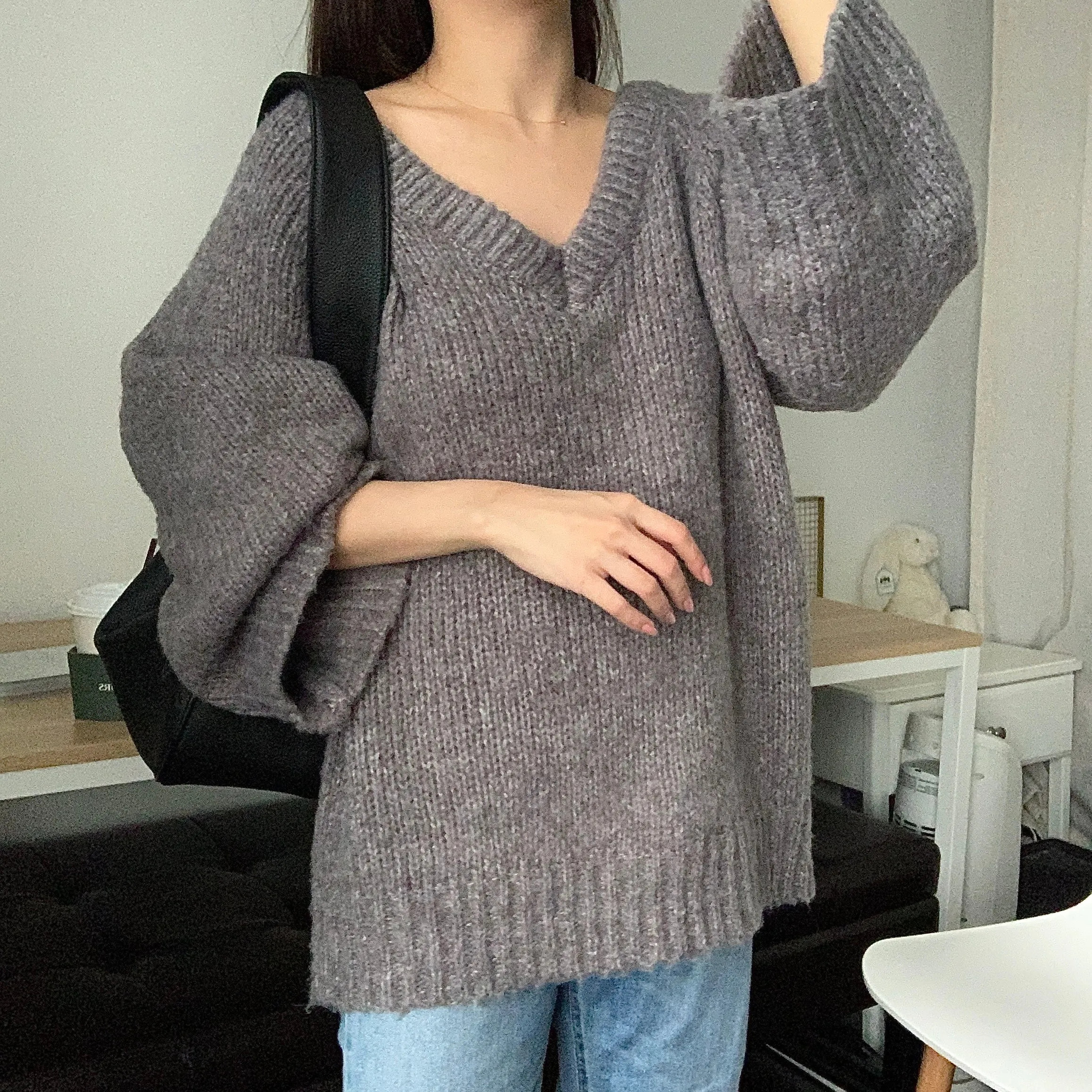 [Korean Style] Karra Loose Fit Rib Knit V neck Chunky Sweater