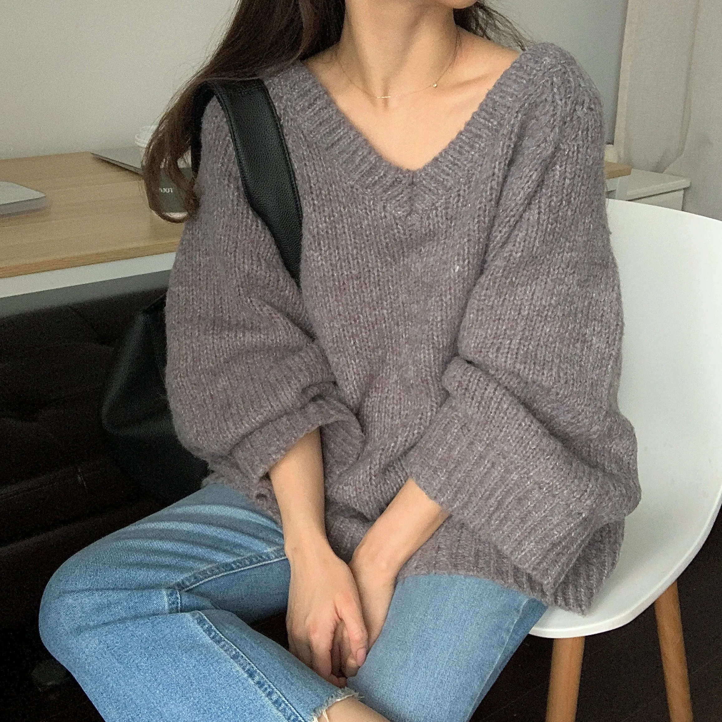 [Korean Style] Karra Loose Fit Rib Knit V neck Chunky Sweater