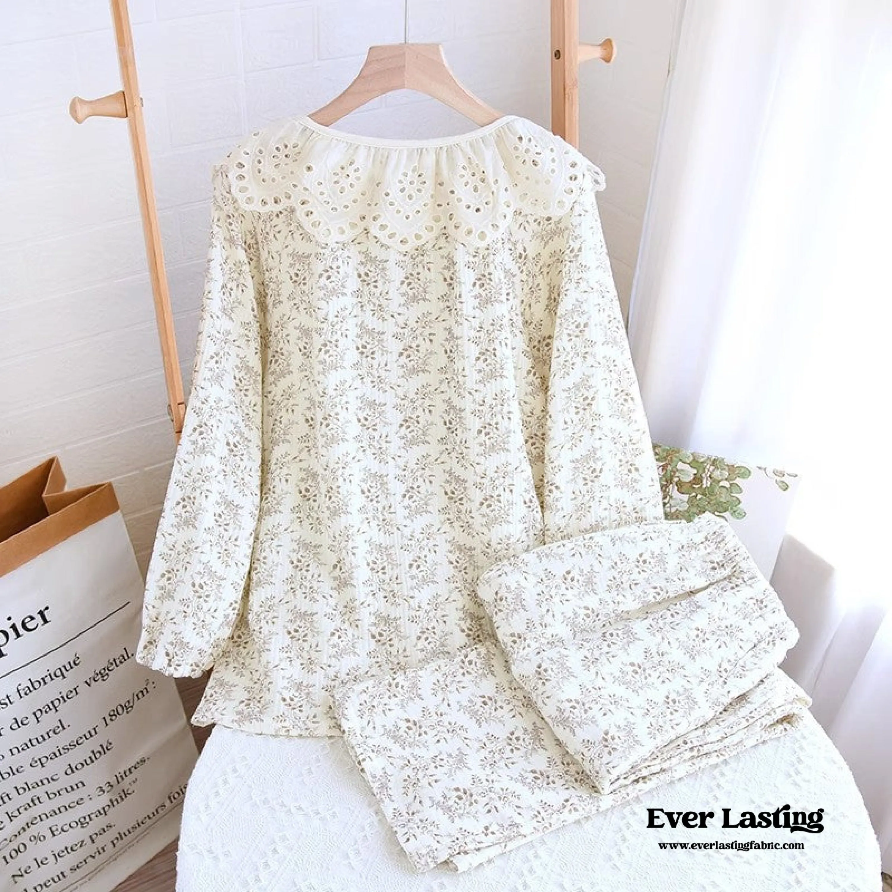 Lace Collar Long Sleeve and Long Pants Cotton Pajamas Set / Pink