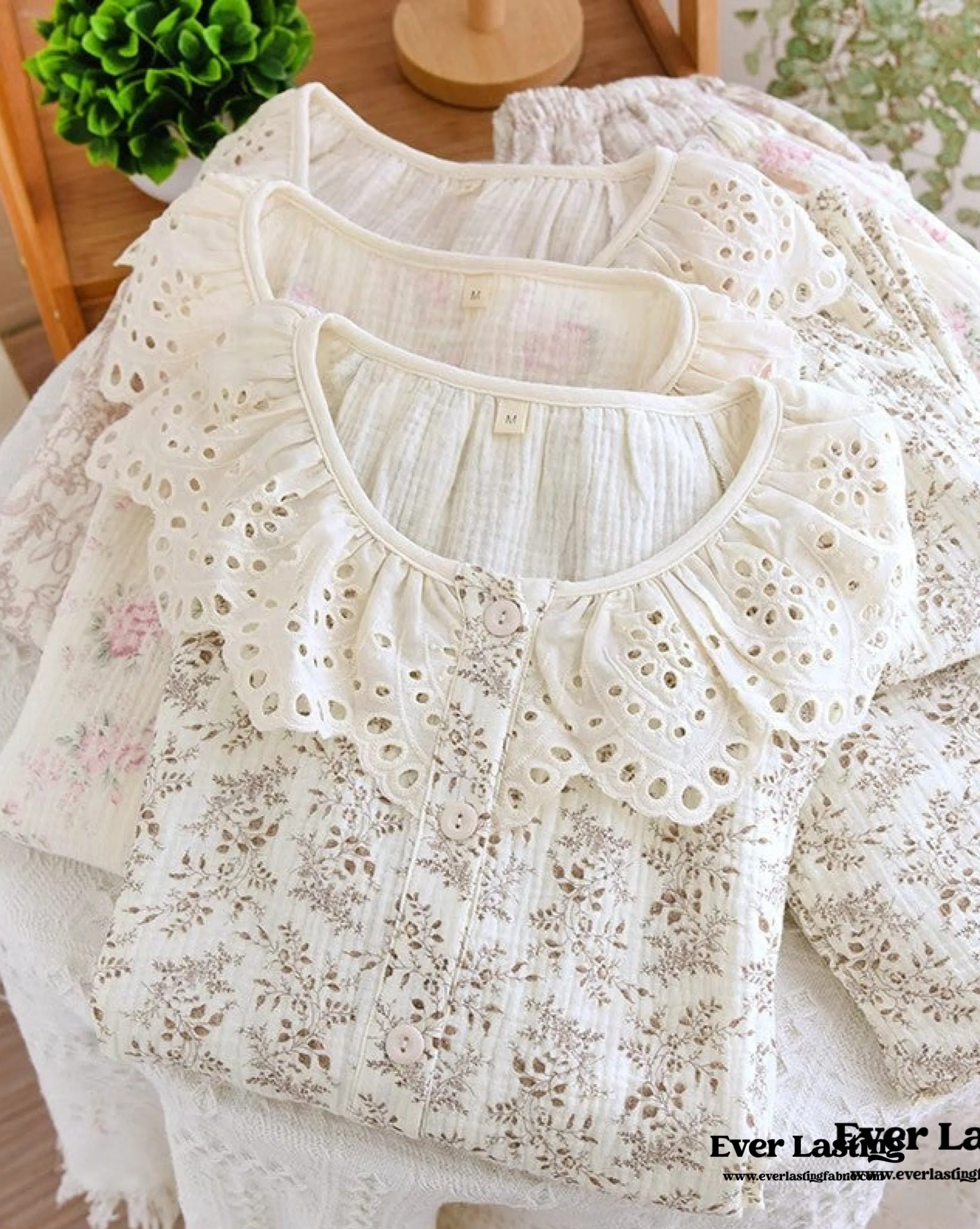 Lace Collar Long Sleeve and Long Pants Cotton Pajamas Set / Pink