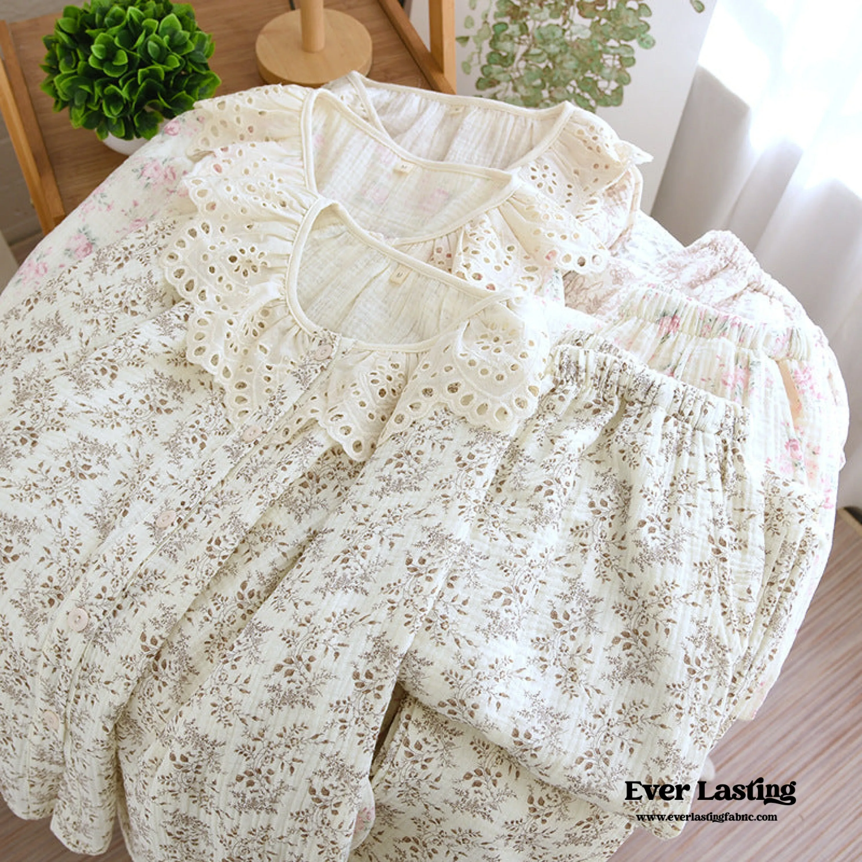 Lace Collar Long Sleeve and Long Pants Cotton Pajamas Set / Pink