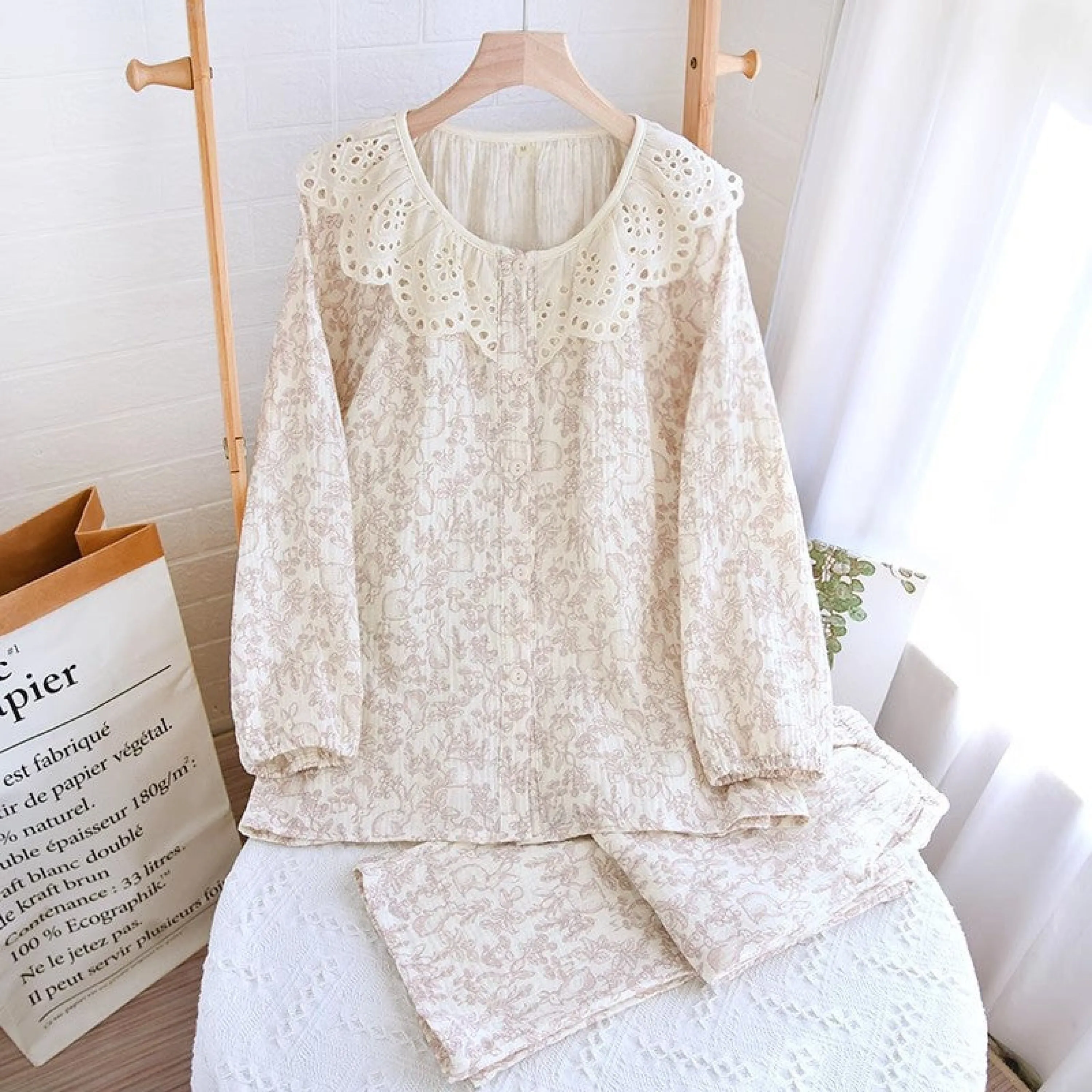 Lace Collar Long Sleeve and Long Pants Cotton Pajamas Set / Pink