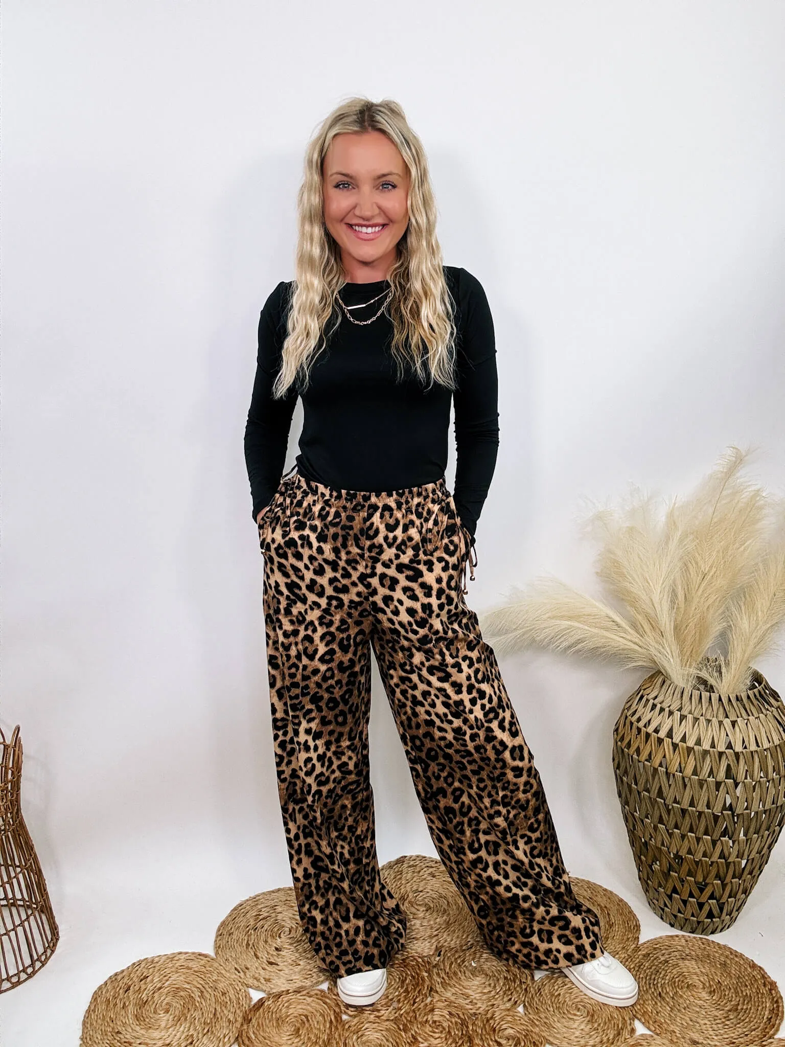 Leopard Print Wide Leg Pants with Adjustable Waist Ties