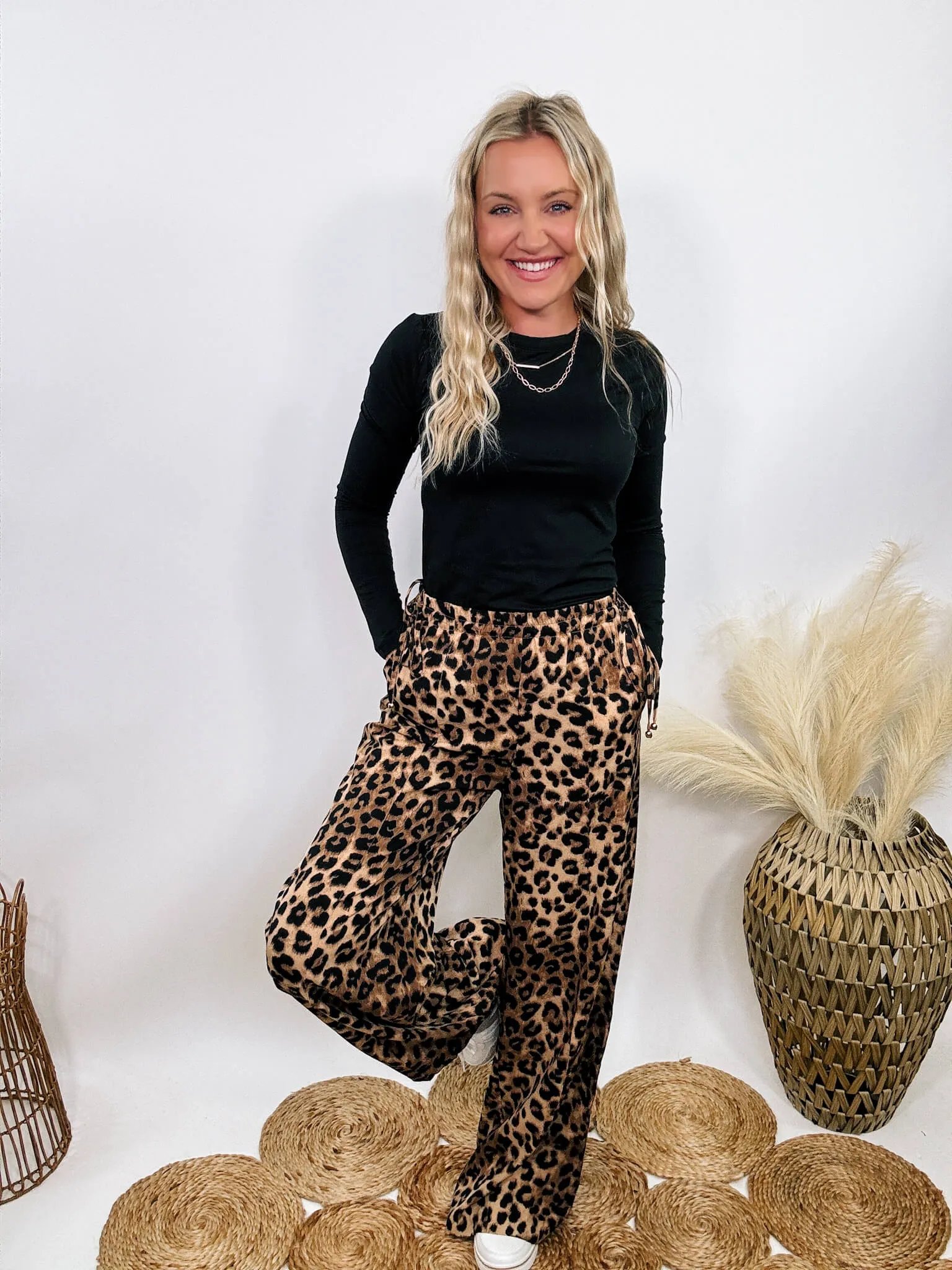 Leopard Print Wide Leg Pants with Adjustable Waist Ties