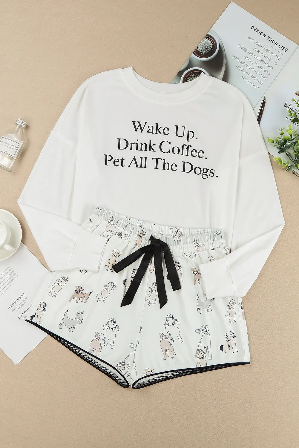 Long Sleeve Pajamas | White Long Sleeve Dog and Animal Shorts Lounge Set |