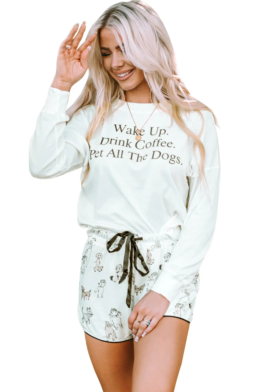 Long Sleeve Pajamas | White Long Sleeve Dog and Animal Shorts Lounge Set |