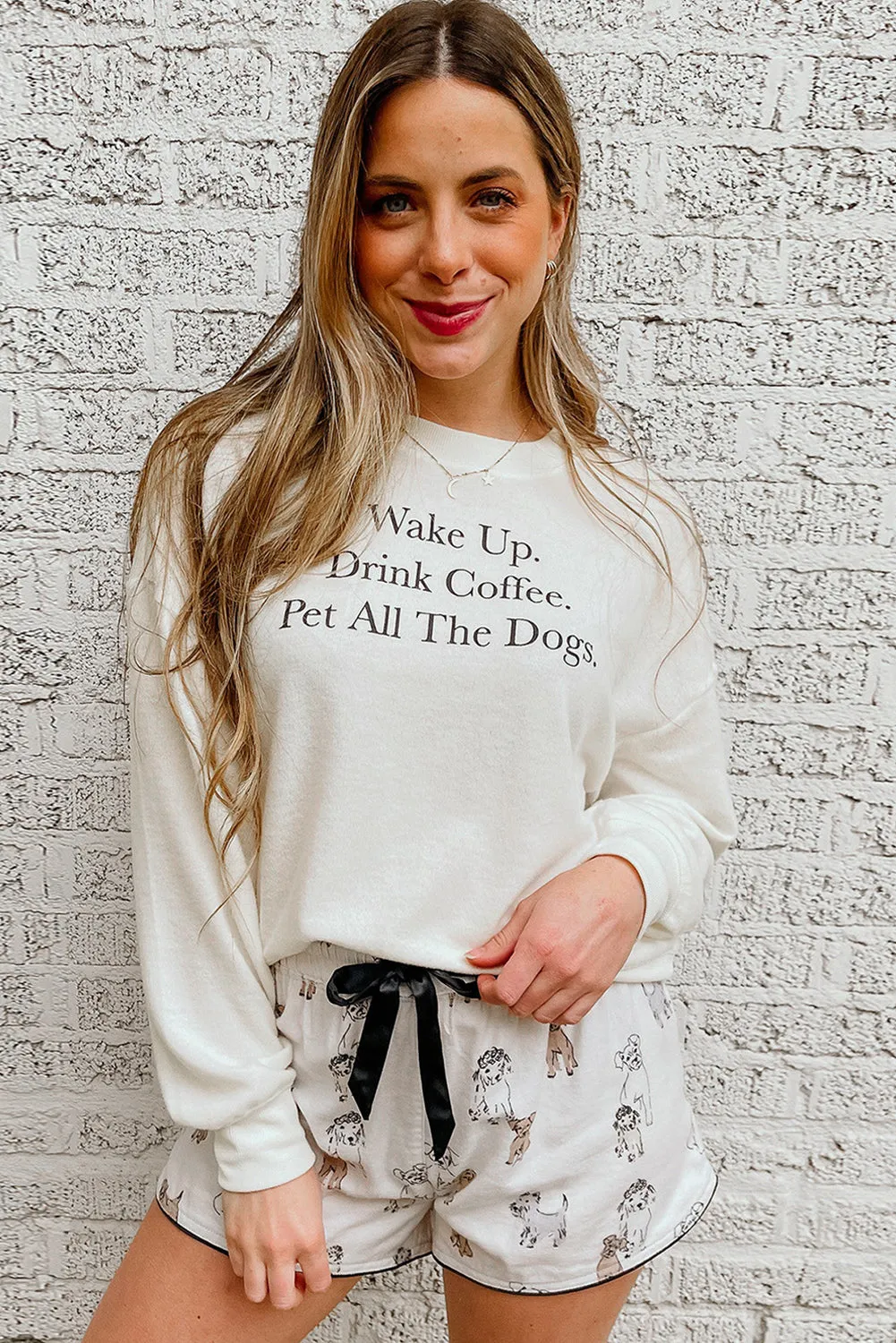 Long Sleeve Pajamas | White Long Sleeve Dog and Animal Shorts Lounge Set |