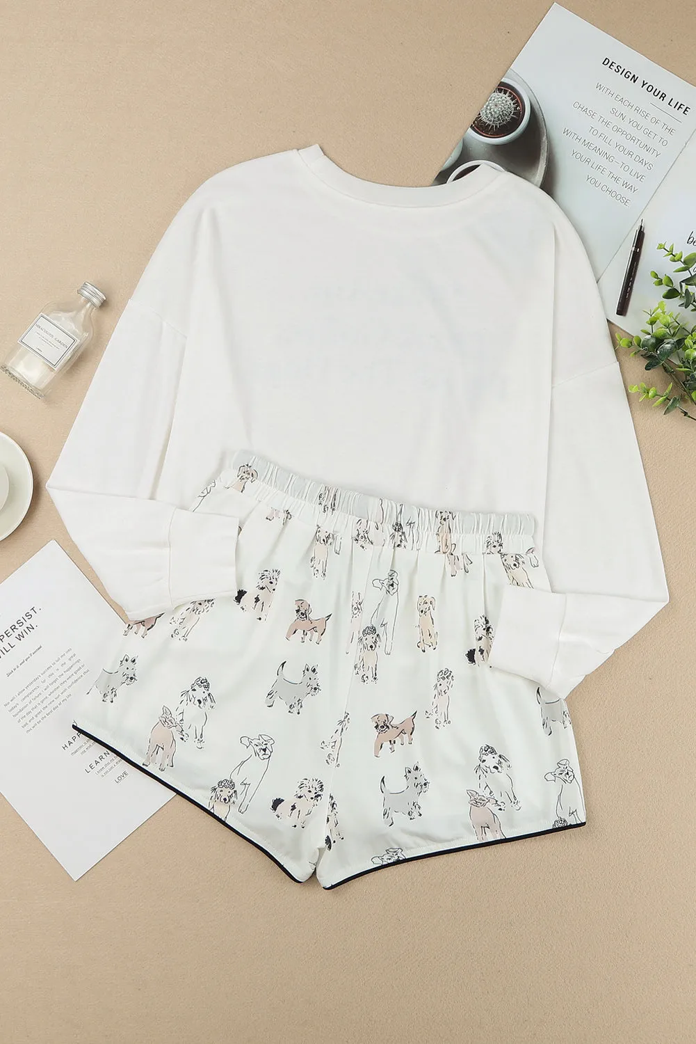 Long Sleeve Pajamas | White Long Sleeve Dog and Animal Shorts Lounge Set |