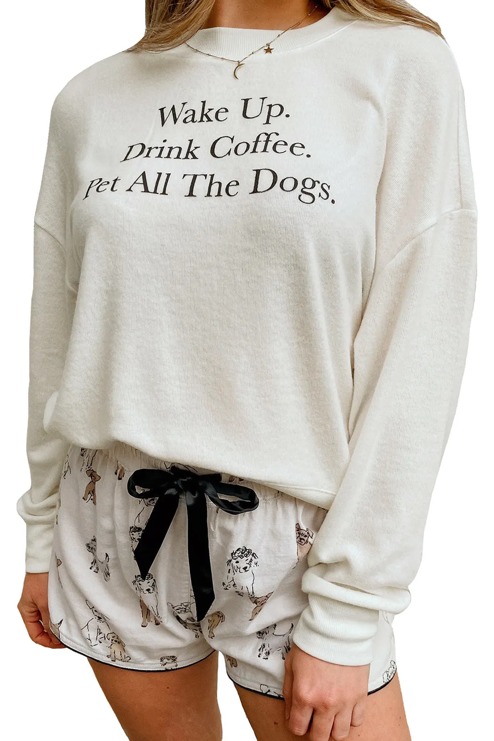 Long Sleeve Pajamas | White Long Sleeve Dog and Animal Shorts Lounge Set |