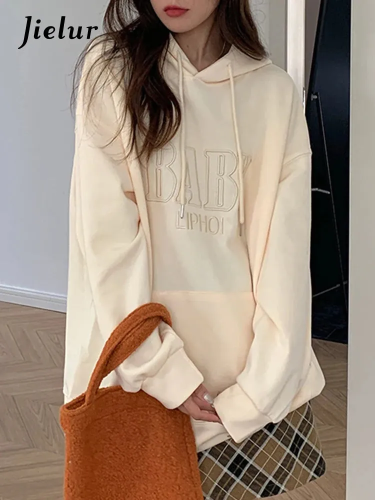 M-XL Embroidered Letter Hoodies Women Hooded Pocket Streetswear Harajuku BF Leisure Female Sweatshirt Autumn Loose Top