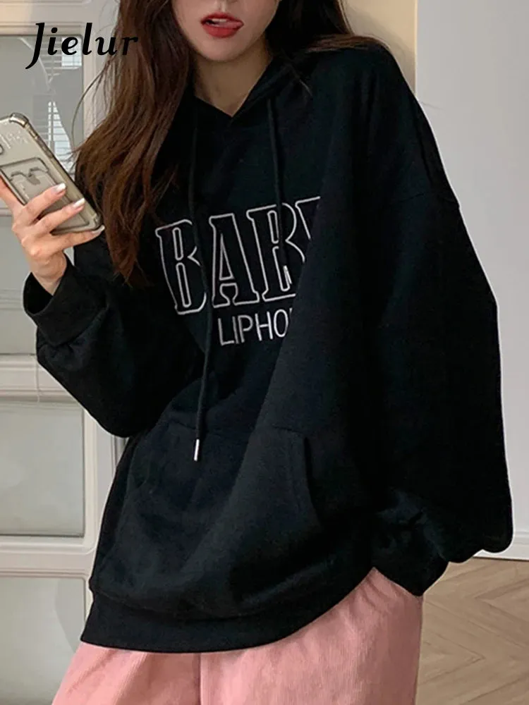 M-XL Embroidered Letter Hoodies Women Hooded Pocket Streetswear Harajuku BF Leisure Female Sweatshirt Autumn Loose Top