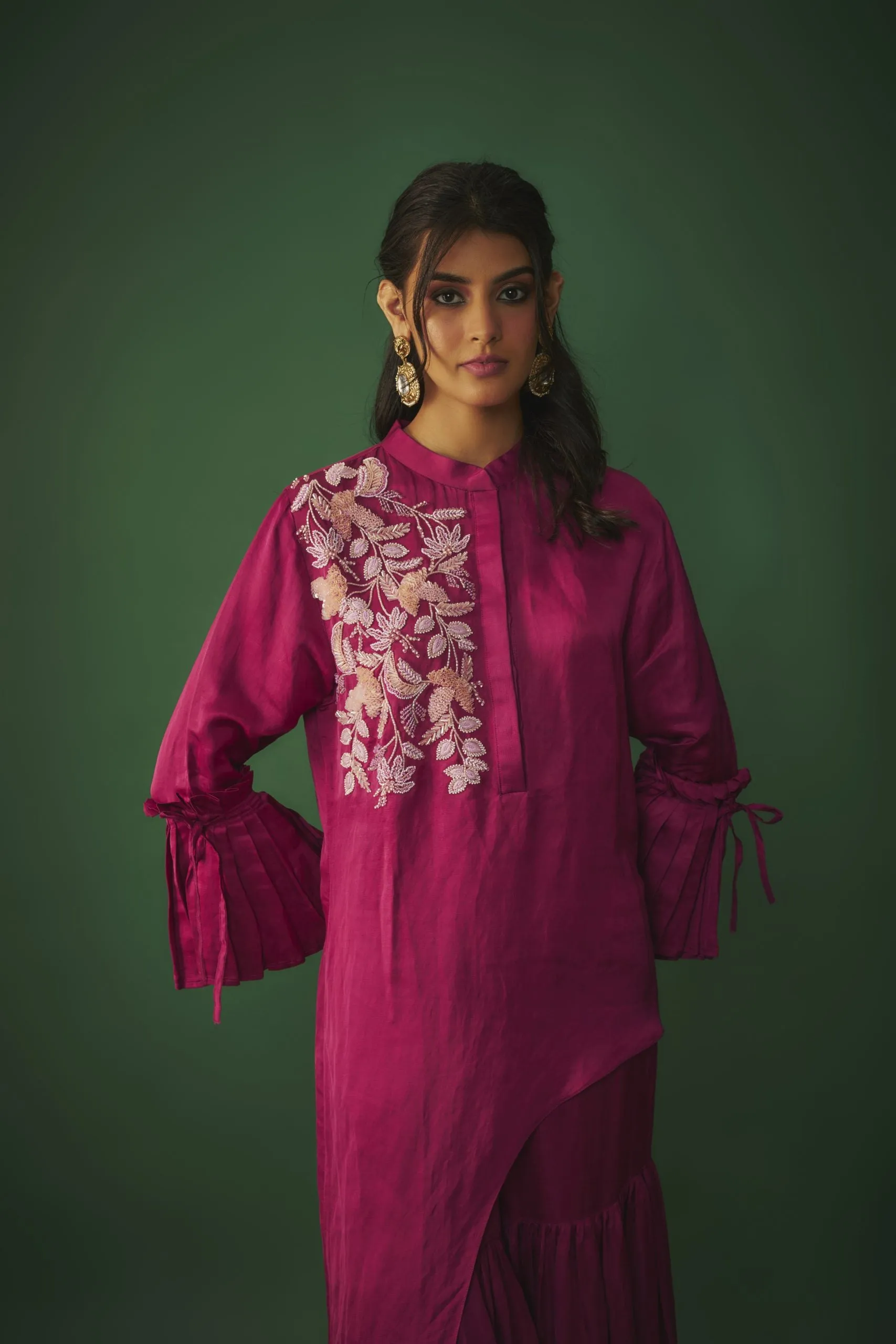 MAGENTA PINK EMBROIDERED ASYMMETRICAL KURTA AND SHARARA SET