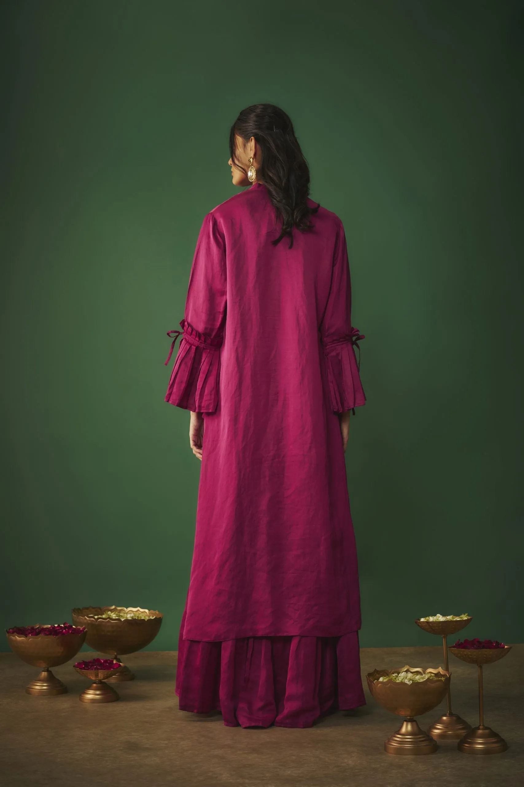 MAGENTA PINK EMBROIDERED ASYMMETRICAL KURTA AND SHARARA SET