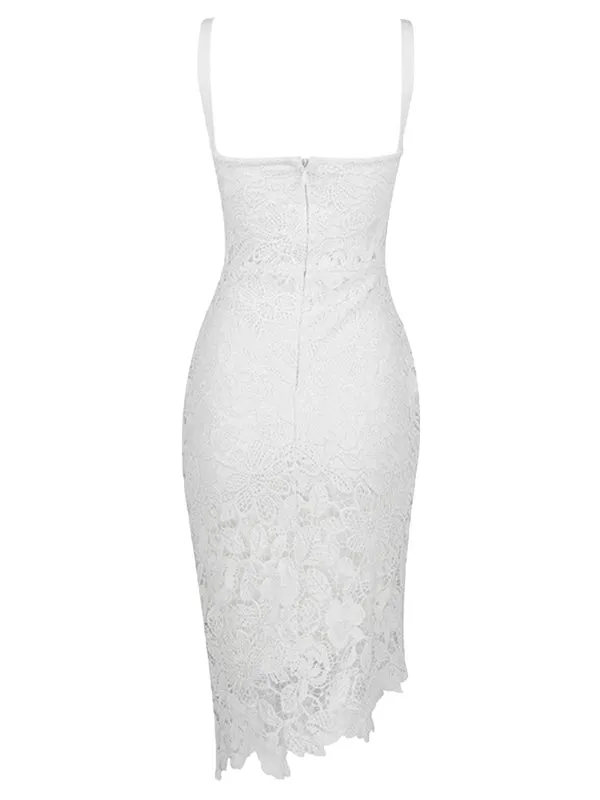 Majorly Trendy White Lace Flower Ribbed Bodycon Midi Dress