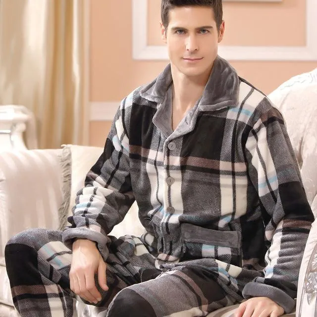 Men's Sleepwear Pants Set Flannel Warm Pajamas