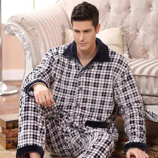 Men's Sleepwear Pants Set Flannel Warm Pajamas