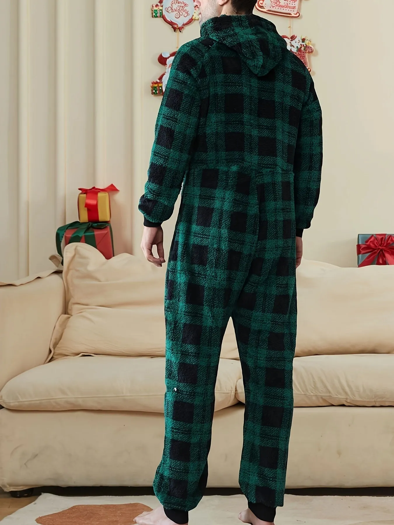 Men's Stylish Christmas Plaid Fleece Hooded Onesie Pajamas With Dual Zippers - Long Sleeve Soft Plush Loungewear