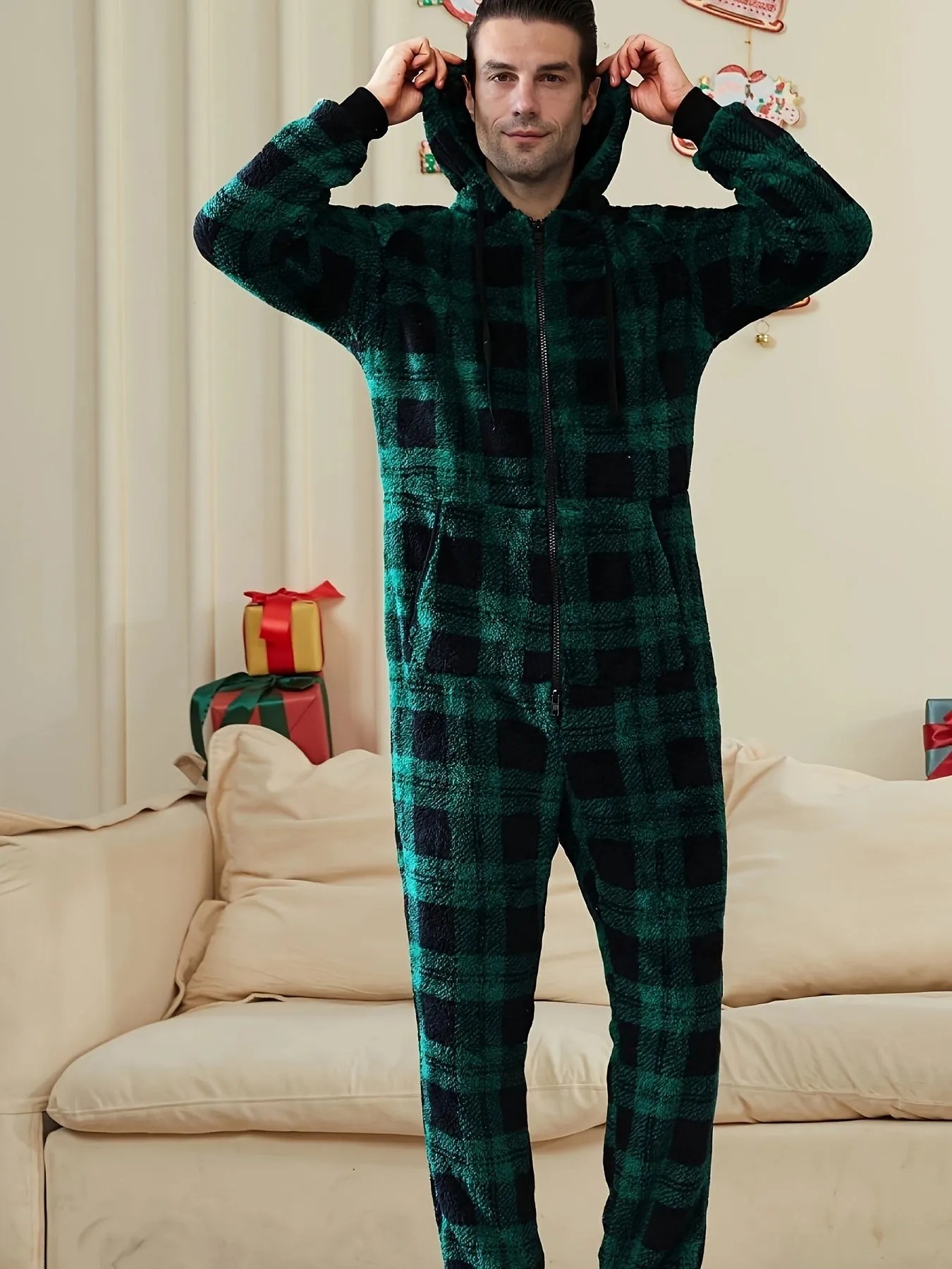 Men's Stylish Christmas Plaid Fleece Hooded Onesie Pajamas With Dual Zippers - Long Sleeve Soft Plush Loungewear