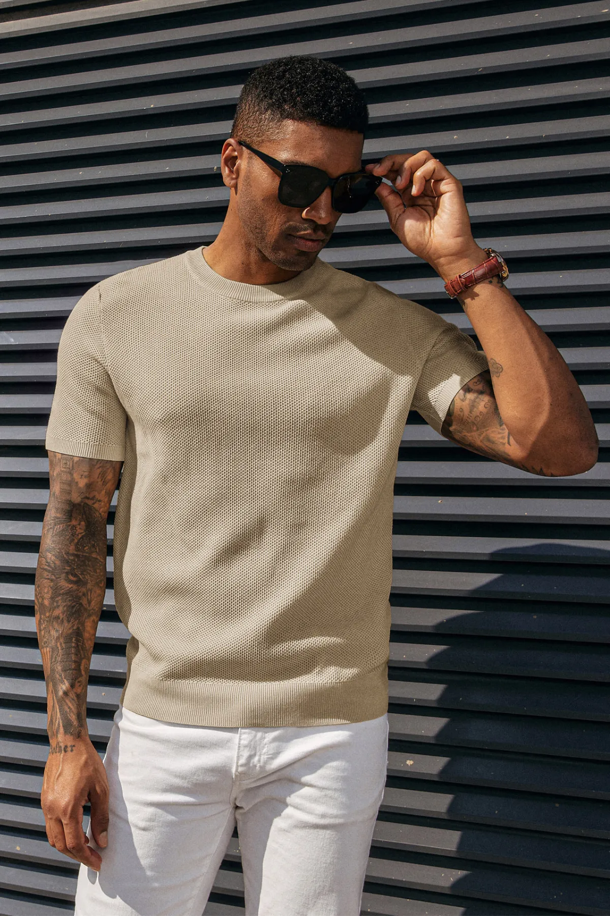 Men's T-Shirts Casual Knit Short Sleeve Crewneck Honeycomb Waffle Solid Knitted Pullover Tees