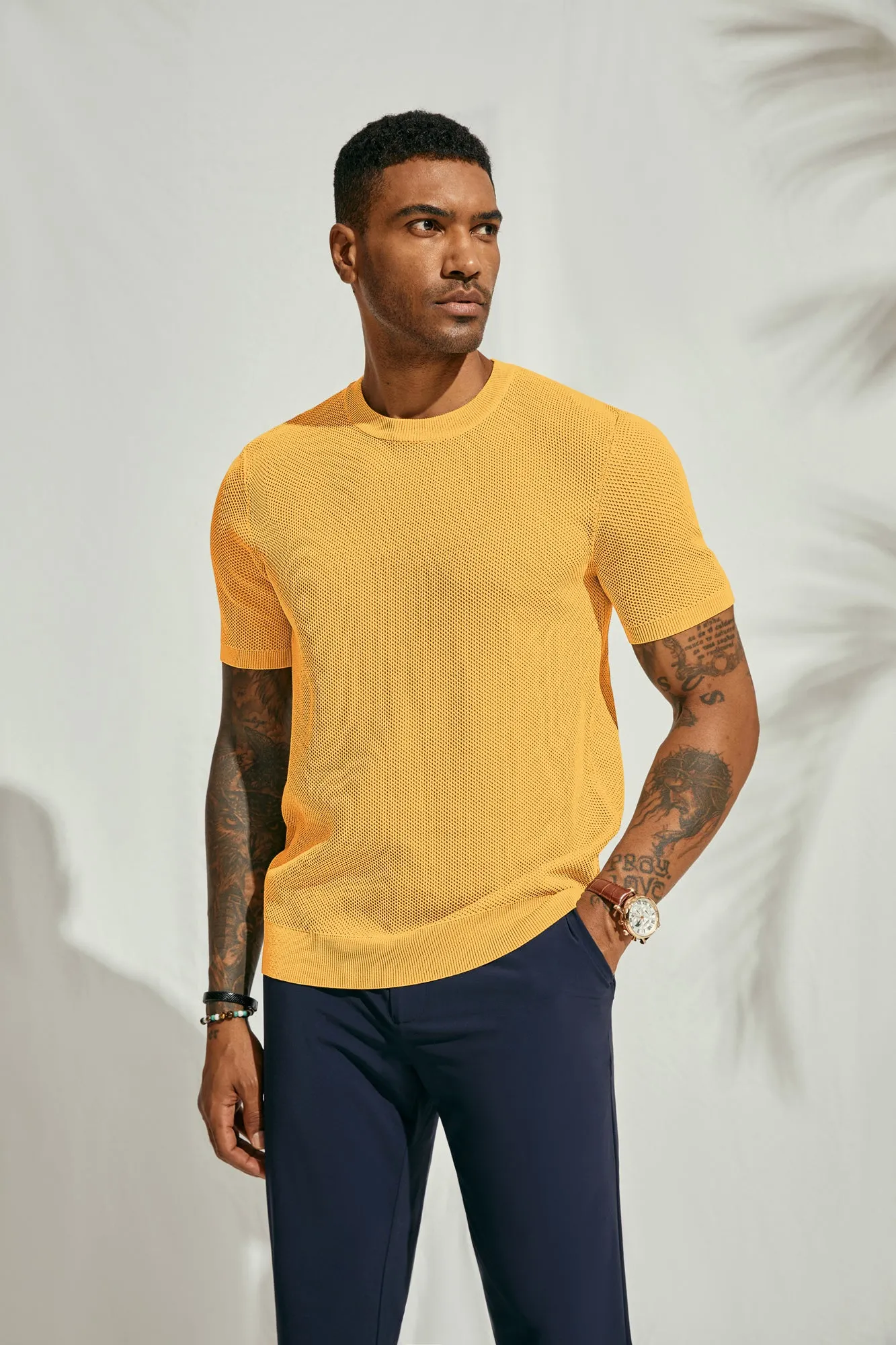 Men's T-Shirts Casual Knit Short Sleeve Crewneck Honeycomb Waffle Solid Knitted Pullover Tees