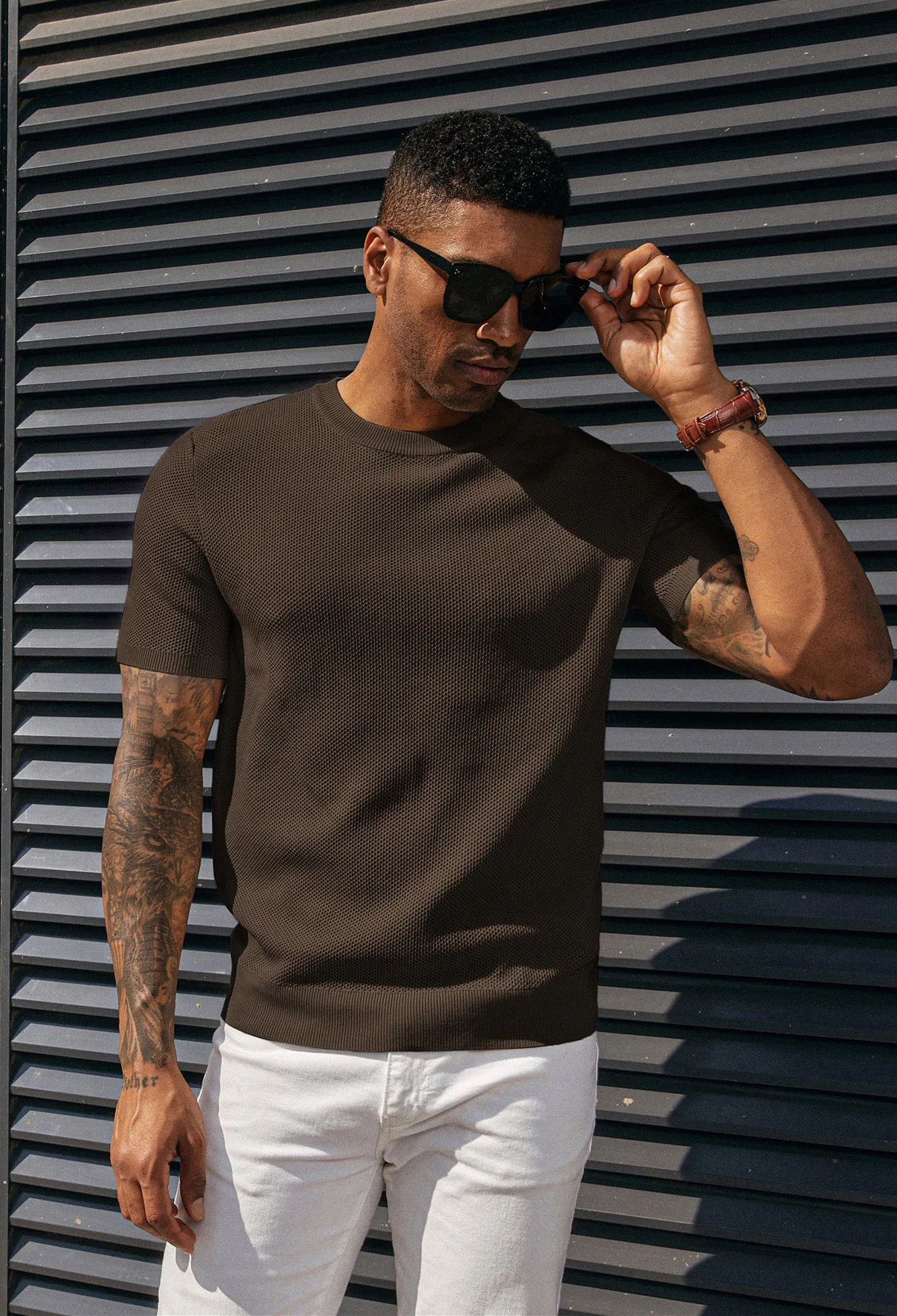 Men's T-Shirts Casual Knit Short Sleeve Crewneck Honeycomb Waffle Solid Knitted Pullover Tees