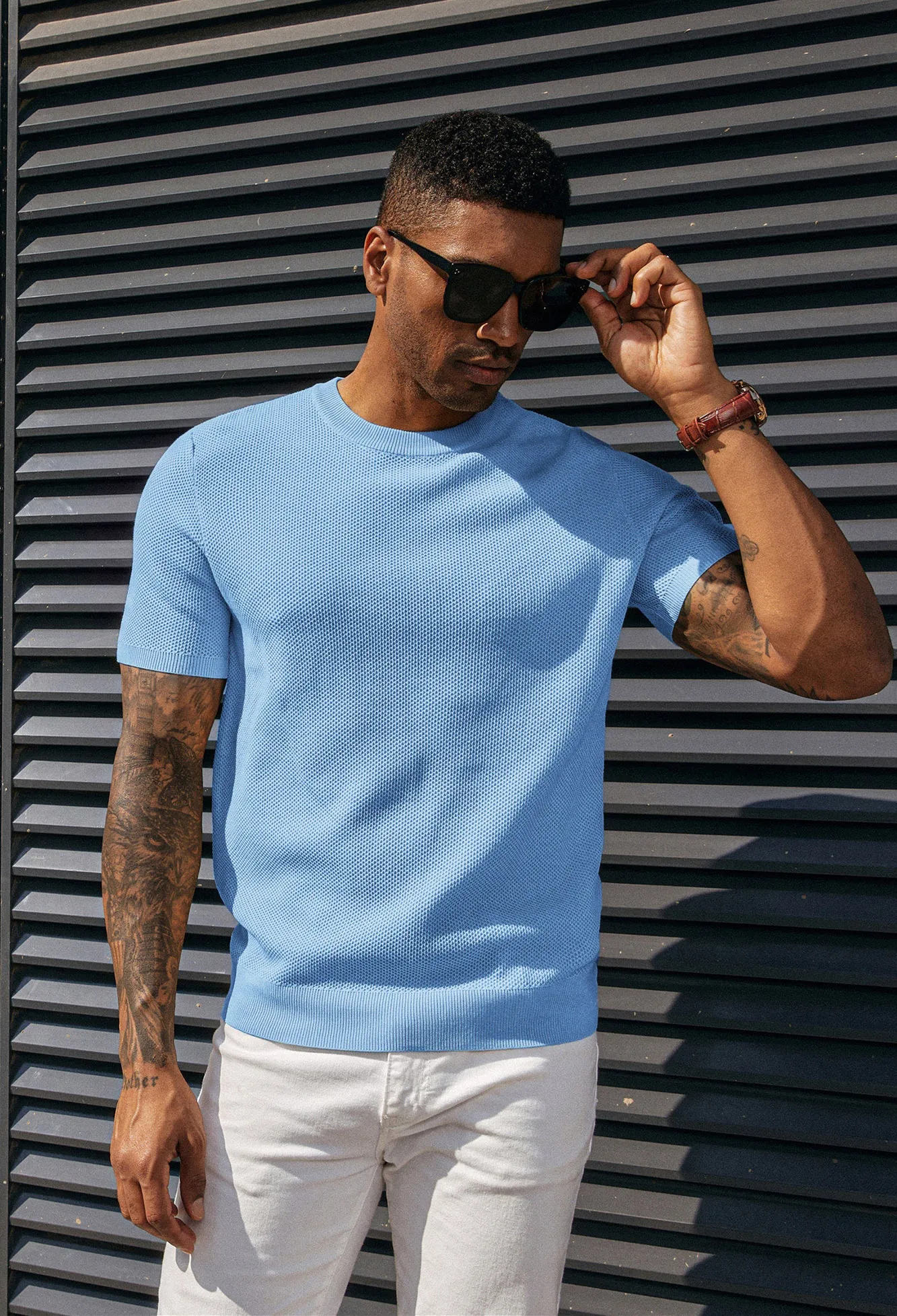 Men's T-Shirts Casual Knit Short Sleeve Crewneck Honeycomb Waffle Solid Knitted Pullover Tees