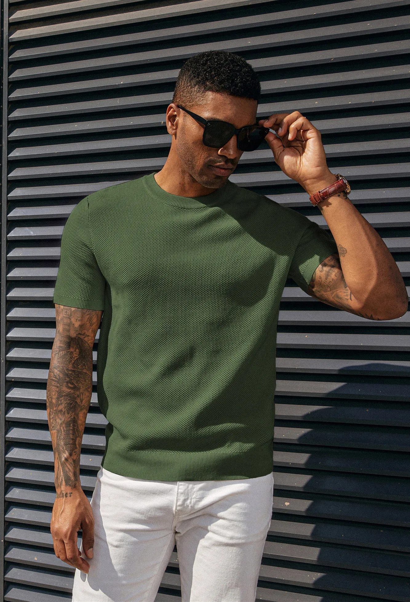 Men's T-Shirts Casual Knit Short Sleeve Crewneck Honeycomb Waffle Solid Knitted Pullover Tees