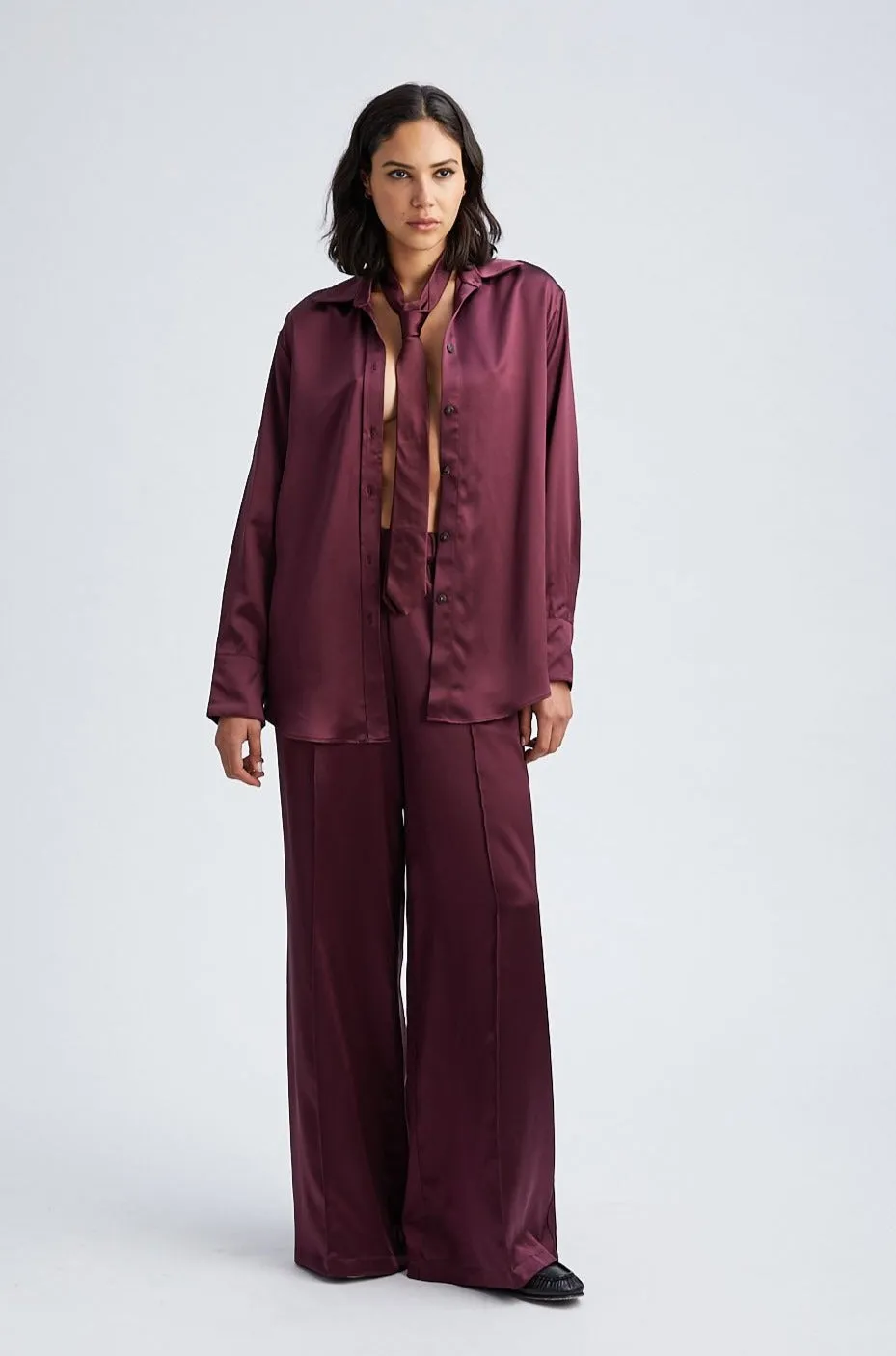 Merlot Silk Wide Leg Pintuck Pants