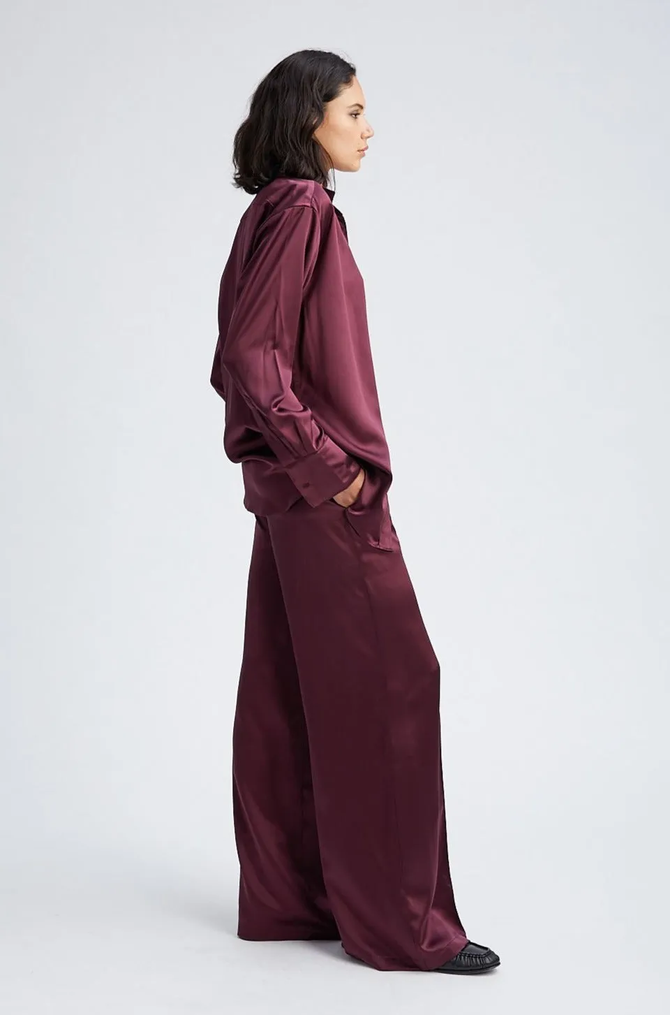 Merlot Silk Wide Leg Pintuck Pants