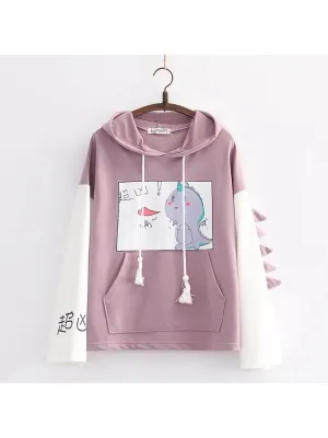 Metaversmall Dinosaur Print Hooded Sweatshirt With Horn For Women Autumn Long Sleeve Harakuju Hoodies Sweet Style Cotton Tracksuits